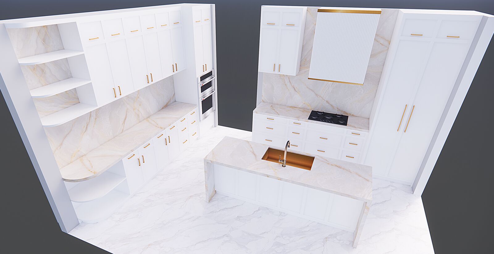 3D render of the same custom kitchen with marble and gold finishes — Desire Basements